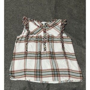 Time and Tru Women's XL Plaid Ruffle Sleeveless‎ Blouse Winter White Henley
